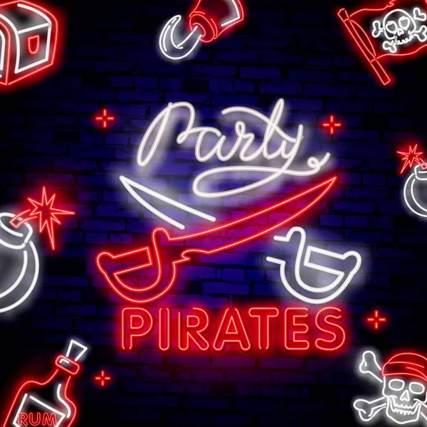 Pirates party Neon Text vektoru. Pitate neon ikonu, šablonu návrhu, moderní trendy design, noční neonové signboardvintage pirátský znak zářící neon — Stockový vektor