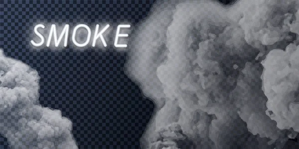 Füst vektoros gyűjtemény, elszigetelt, átlátszó háttér. Reális fehér füst gőz, kávé, tea, cigaretta, meleg étel hullámok sorozata. Köd és a pára hatása. — Stock Vector