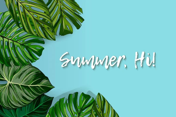 Туристический плакат с круглой рамкой с текстом hi summer и реалистичными листьями тропического монстра на современном голубом фоне . — стоковый вектор