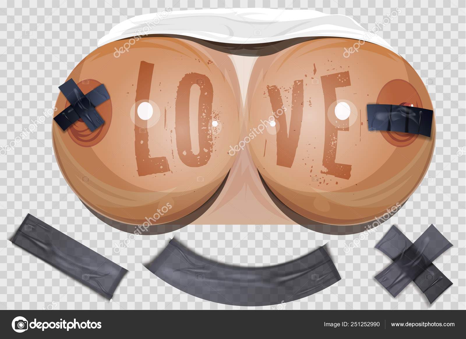 Slogan LOVE on Womans breast sealed with scotch tape. Sexy Girl Body with  big breasts on transparent background. Womens Tits with tape Stock Vector  by ©executioner-4 251252990