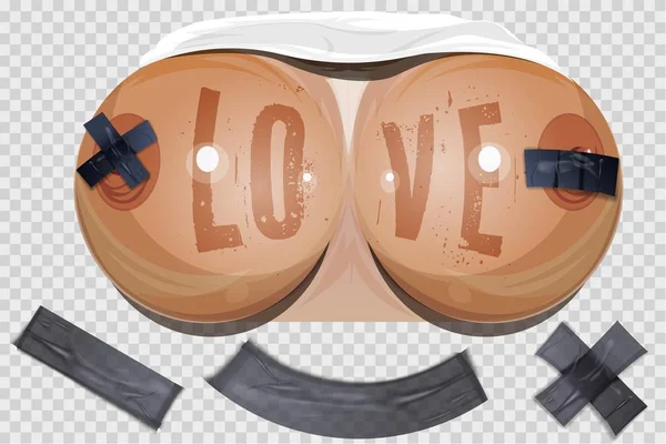 Slogan LOVE on Womans breast sealed with scotch tape. Sexy Girl Body with big breasts on transparent background. Womens Tits with tape — Stock Vector