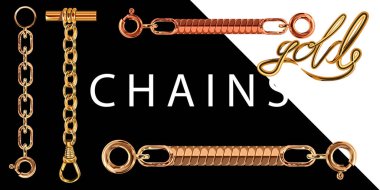 Gerçekçi vektör altın zincirleri toka ile kümesi. Beyaz arka plan üzerinde izole altın bağlantılar vektör çizim