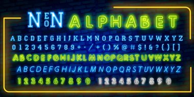 Parlak Neon alfabesi harfleri, sayıları ve sembolleri vektör oturum açın. Gece şovu. Gece kulübü. Neon illüstrasyon