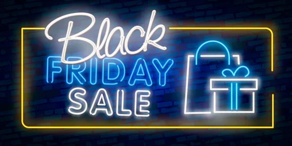 Black Friday neon light banner. Ilustración vectorial. Viernes Negro venta letrero de neón, banner de neón, folleto de fondo. Signo de neón brillante, publicidad brillante brillante, descuentos de ventas Black Friday . — Vector de stock