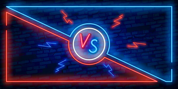 Versus screen design in neon style. Neon banner Announcement of two fighters. Blue futuristic neon VS leaves. Competition vs match game, martial battle vs sport. Vector illustration