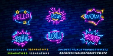 Komik konuşma büyük dizi kabarcık ifade metin Wow, Pow, Merhaba, Lol, Satılık. OMG. Tasarım şablonu neon tabela, ışık afiş, neon tabela, ışık yazıt. Vektör çizim