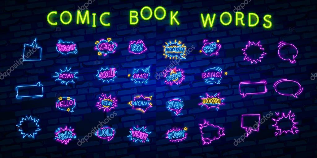 WOW neon sign vector. Comic speech bubble with expression text Wow, Design template neon sign, light banner, neon signboard, light inscription. Vector illustration