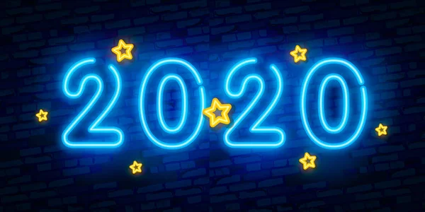 Neujahrskonzept 2020 mit bunten Neonlichtern. Retro-Designelemente für Präsentationen, Flyer, Prospekte, Poster oder Postkarten. Vektorillustration — Stockvektor