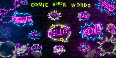 Komik konuşma büyük dizi kabarcık ifade metin Wow, Pow, Merhaba, Lol, Satılık. OMG. Tasarım şablonu neon tabela, ışık afiş, neon tabela, ışık yazıt. Vektör çizim