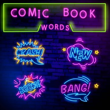 Komik konuşma büyük dizi kabarcık ifade metin Wow, Pow, Merhaba, Lol, Satılık. OMG. Tasarım şablonu neon tabela, ışık afiş, neon tabela, ışık yazıt. Vektör çizim