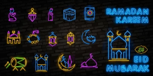 Ramadan Kareem pictogrammenset neon. Ontwerpsjabloon, ontwerpelementen. Ramadan Kareem - glorieuze maand van het islamitische jaar. Lichte banner, collectie neon tekent voor moslim vakantie. Vectorillustratie — Stockvector
