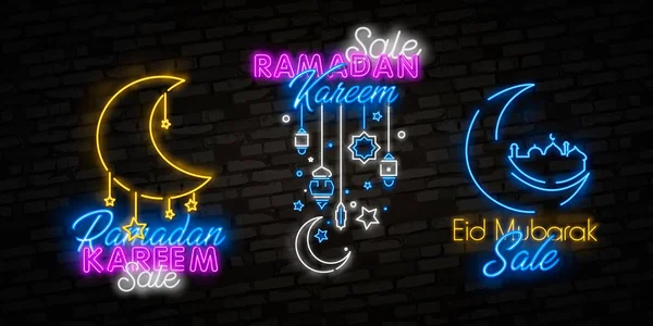 Dijual Ramadan Kareem menawarkan koleksi spanduk neon. Ramadan Holiday diskon vektor templat desain gambar dalam gaya tren modern, gaya neon, spanduk ringan, diskon iklan cerah setiap malam - Stok Vektor