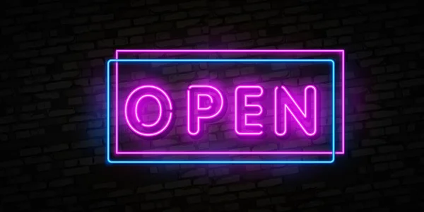 Open neon tekst vector ontwerpsjabloon. Nu Open neon logo, lichte banner designtrend element kleurrijke moderne design, nacht heldere reclame, heldere teken. Vectorillustratie — Gratis stockfoto