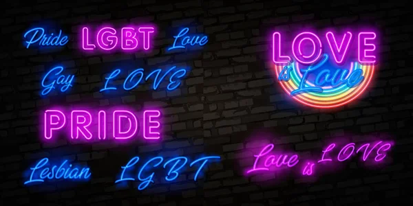 Šablona návrhu vektorové text neon láska je láska. LGBT neon logo, lehké banner design prvek barevné moderní design trend, noc jasná reklama, jasné znamení. Vektorové ilustrace — Stockový vektor