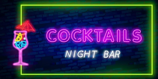 Cocktail neon sinal vetor modelo de design. Noite clube neon frame elemento de design de banner de luz, tendência de design moderno colorido, publicidade brilhante noite, sinal brilhante. Ilustração vetorial —  Vetores de Stock