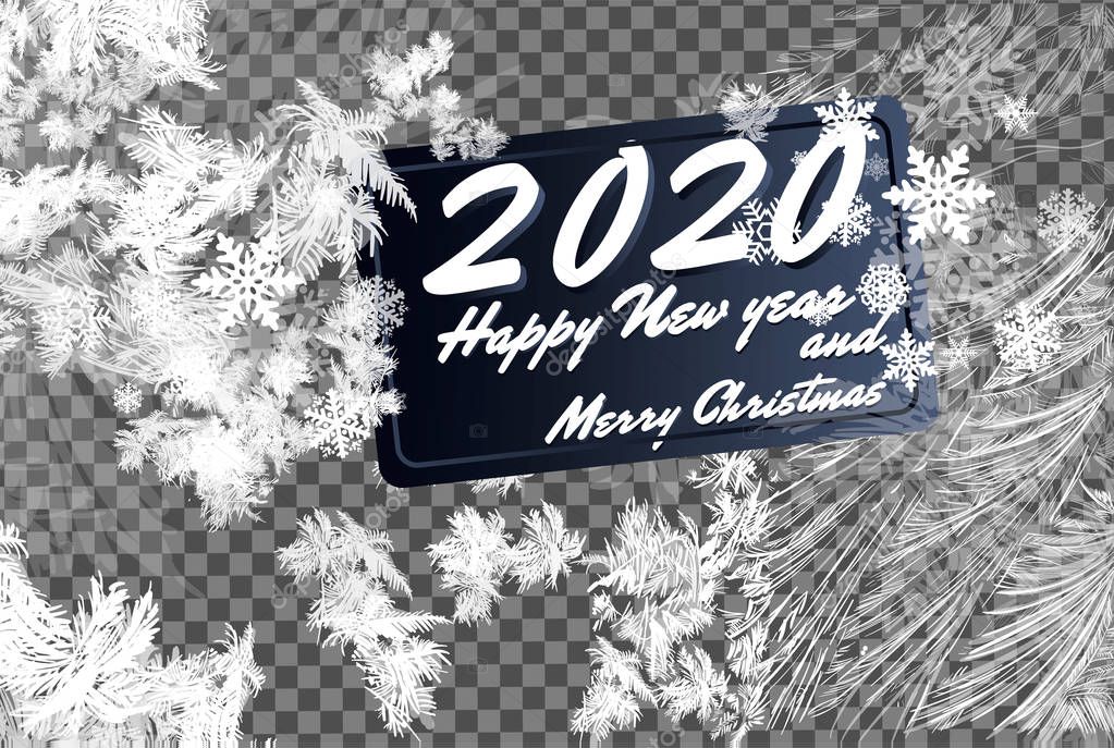 2020 Frost glass pattern. Winter frame on transparent background. Vector 2020 christmas illustration. Vector transparent blue frost window. Eps8. RGB. Global colors