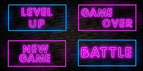 Realistic isolated neon sign of New Game, Level Up and Game Over, Battle logo for template decoration and covering on the wall background. Concept of gaming. — Stock Vector