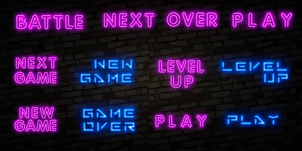 Sinal de néon isolado realista de Novo Jogo, Level Up e Game Over, logotipo da batalha para decoração de modelos e cobertura no fundo da parede. Conceito de jogo . — Vetor de Stock