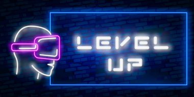 Tuğla duvar arka plan ile Neon metin vektör yukarı seviye. tasarım şablonu modern eğilim tasarım gece neon tabela gece parlak reklam ışık afişi ışık sanat. Vektör çizim