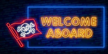 Neon metin vektör gemiye hoş geldiniz. Hoşgeldiniz neon tabela, tasarım şablonu, modern trend tasarım, gece neon tabela, gece parlak reklam, banner, hafif sanat yak. Vektör çizim