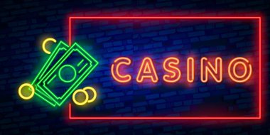 Neon Casono işareti. Neon tabela dekorasyon ve kaplama duvar arka plan üzerinde Blackjack çerçeve logosunun izole vektör gerçekçi. Casino ve kumar kavramı.