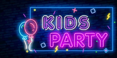 Çocuklar parti Neon metin. Kutlama reklam tasarımı. Gece parlak neon işareti, renkli Billboard, ışık afiş. Neon tarzında vektör Illustration.