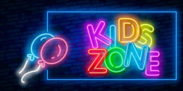 Plantilla de diseño Kids Zone letrero de neón, banner de luz, letrero de neón, publicidad nocturna brillante, inscripción de luz. Ilustración vectorial — Archivo Imágenes Vectoriales