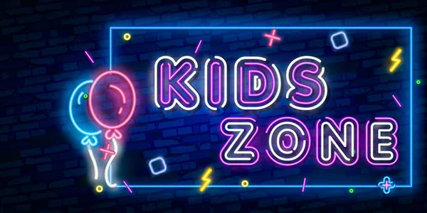 Kids Zone modelo de design sinal de néon, banner de luz, placa de néon, publicidade noturna brilhante, inscrição de luz. Ilustração vetorial — Vetor de Stock