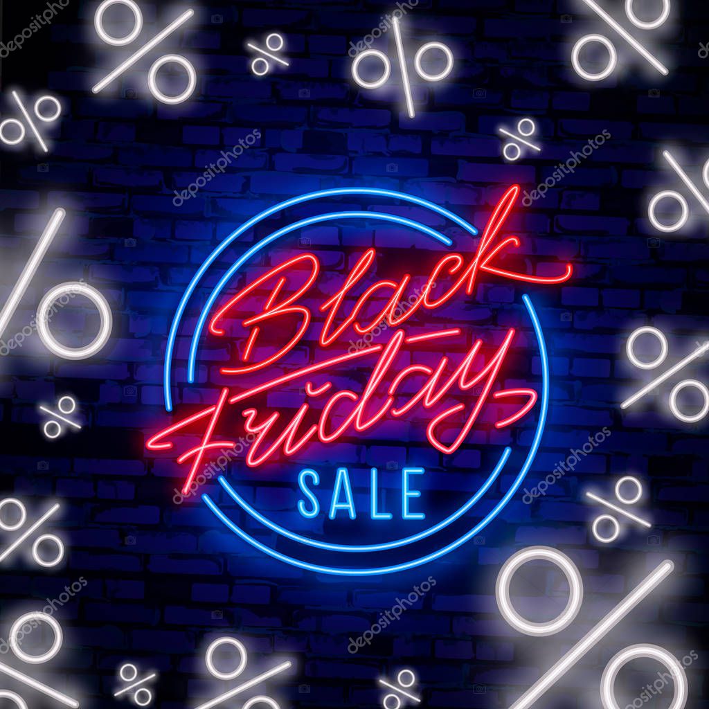 Black Friday Sale neon sign vector. Black Friday Sale Design template neon sign, light banner, neon signboard, nightly bright advertising, light inscription.