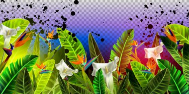 Vektör açılış sayfası tasarımı tropik yeşillikler ve çiçekler şeffaf arka plan üzerinde. Web, uygulama şablonu. Banner, metin için copyspace ile poster