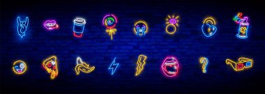 Neon simgeleri 80s-90s pop art komik tarzı ayarlayın. Yama rozetleri ve çizgi film karakterleri, gıda ve şeyler ile pins. Vektör deli neon doodles pop art