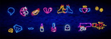 Neon simgeleri 80s-90s pop art komik tarzı ayarlayın. Yama rozetleri ve çizgi film karakterleri, gıda ve şeyler ile pins. Vektör deli neon doodles pop art