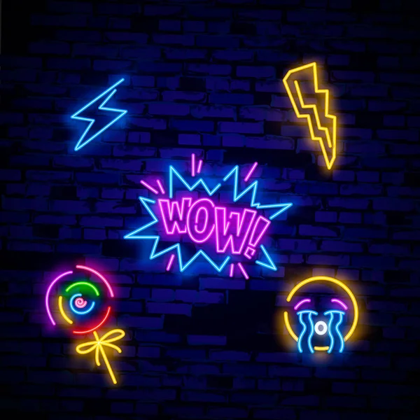 Pop sanat simgeleri ayarlayın. Pop sanat Neon işareti. Parlak tabela, hafif afiş. Neon izole simgesi, amblem. Kalp, elmas, Pizza, gülümseme, el, dondurma, yıldız, çörek ve Unicorn vektör Neon simgesi — Stok Vektör