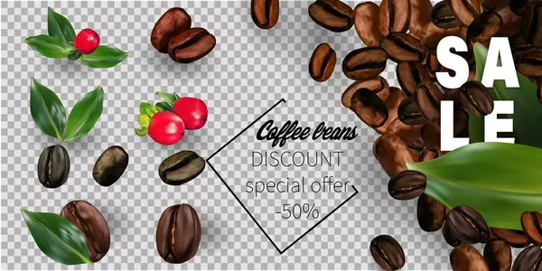 3D Vector kaffe bönor på en transparent bakgrund. Fallande korn för affischer, Flyers, affischer, för försäljning av kaffe. Hög detaljerad realistisk illustration. — Stock vektor