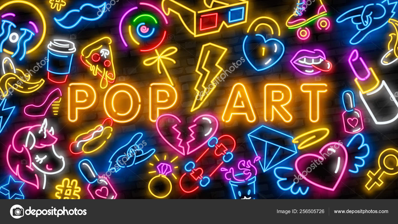 Pop art icons set. Pop art neon sign. Bright signboard, light banner