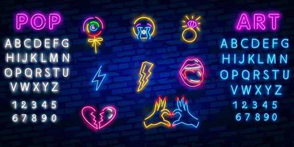 stock vector Pop art icons set. Pop art neon sign. Bright signboard, light banner. Neon isolated icon, emblem. Heart, diamond, pizza, smile, hand, ice cream, star, donut and unicorn vector neon icon