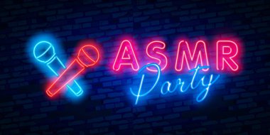 Neon otonom duyusal meridyen tepkisi, ASMR logosu veya simgesi. Mikrofon ve kalp şeklinde kulaklıklar, sesler, fısıltı veya müzik zevk sembolü olarak. Vektör illüstrasyon Neon tarzı