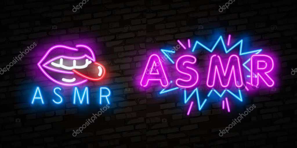 ASMR Neon Text Vector. Autonomous sensory meridian response neon sign, design template, modern trend design, night neon signboard, night bright advertising.