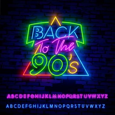 80 'lerin neon ışığı vektörüne dönelim. 80 'lerin Retro tasarım tasarım şablonu neon tabela, ışıklı pano, neon tabela, gece vakti parlak reklamlar, hafif yazılar. Vektör illüstrasyonu