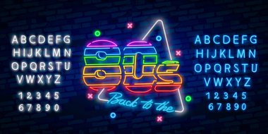 80 'lerin neon ışığı vektörüne dönelim. 80 'lerin Retro tasarım tasarım şablonu neon tabela, ışıklı pano, neon tabela, gece vakti parlak reklamlar, hafif yazılar. Vektör illüstrasyonu
