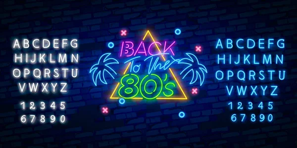 Back to the 80s neon sign vector. 80 s Retro style Design template neon sign, light banner, neon signboard, nightly bright advertising, light inscription. Vector illustration — Stock Vector