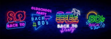 Neon 80'in koleksiyon neon işaretleri vektörü. 80'lerin tasarım şablonu konseptine geri dönelim. Neon afiş arka plan tasarımı, gece sembolü, modern trend tasarımı. Vectro İllüstrasyon