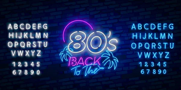 Back to the 80s neon sign vector. 80 s Retro style Design template neon sign, light banner, neon signboard, nightly bright advertising, light inscription. Vector illustration — Stock Vector