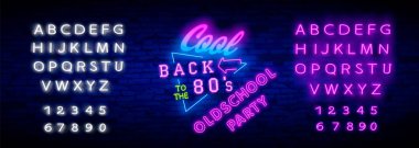 80 'lerin neon ışığı vektörüne dönelim. 80 'lerin Retro tasarım tasarım şablonu neon tabela, ışıklı pano, neon tabela, gece vakti parlak reklamlar, hafif yazılar. Vektör illüstrasyonu