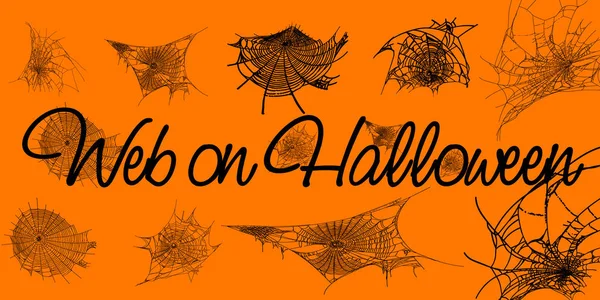 Samling av Cobweb, isolerad på orange, transparent bakgrund. Spiderweb för Halloween design. Spider Web Elements, Spooky, skrämmande, skräck Halloween dekor. Handritad siluett, vektor illustration — Stock vektor