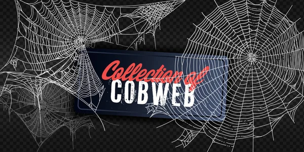 Colección de telaraña, aislada sobre fondo negro, transparente. Spiderweb para el diseño de Halloween. Elementos de telaraña, espeluznante, aterrador, decoración de Halloween horror. Silueta dibujada a mano, ilustración vectorial — Vector de stock