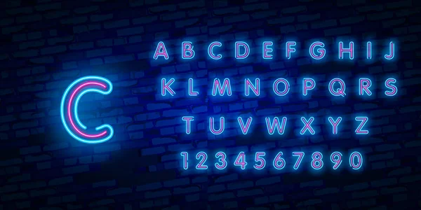 Big Collection of Bright Neon Alphabet Letters, Numbers and Symbols Sign in Vector. Night Show. Night Club. Neon illustration — Stock Vector