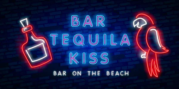 Neon text BAR TEQUILA KISS. Mexico bar neon sign, bright signboard, light banner. Mexican pub logo, emblem and label. Neon text edit — Stock Vector