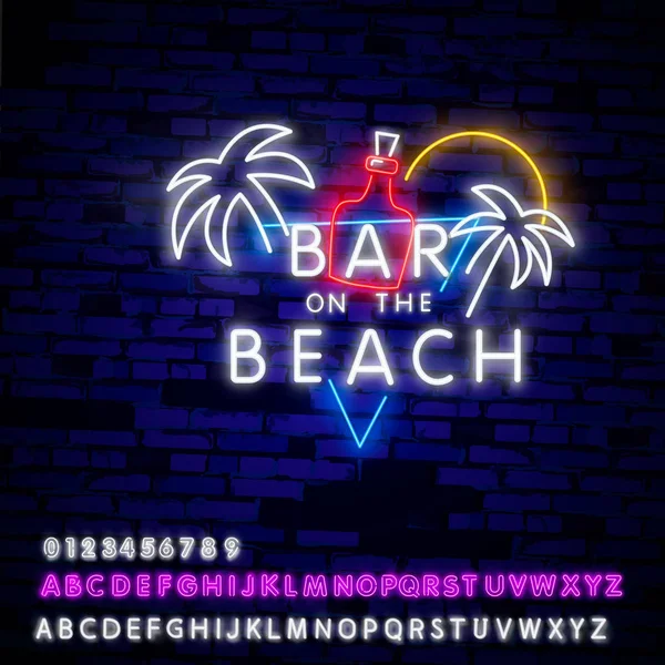 Semn de neon bar pe plajă, panou luminos, banner luminos. Logo-ul pub-ului, emblema și eticheta. Editarea textului neon în curând banner strălucitor neon pe conceptul de perete din cărămidă neagră ilustrație vectorială realistă — Vector de stoc