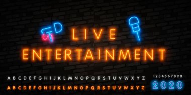 canlı eğlence neon işareti vektör, poster, canlı müzik festivali için amblem, müzik barlar, karaoke, gece kulüpleri. El ilanları, afişler, davetiyeler, broşürler ve kapaklar için şablon